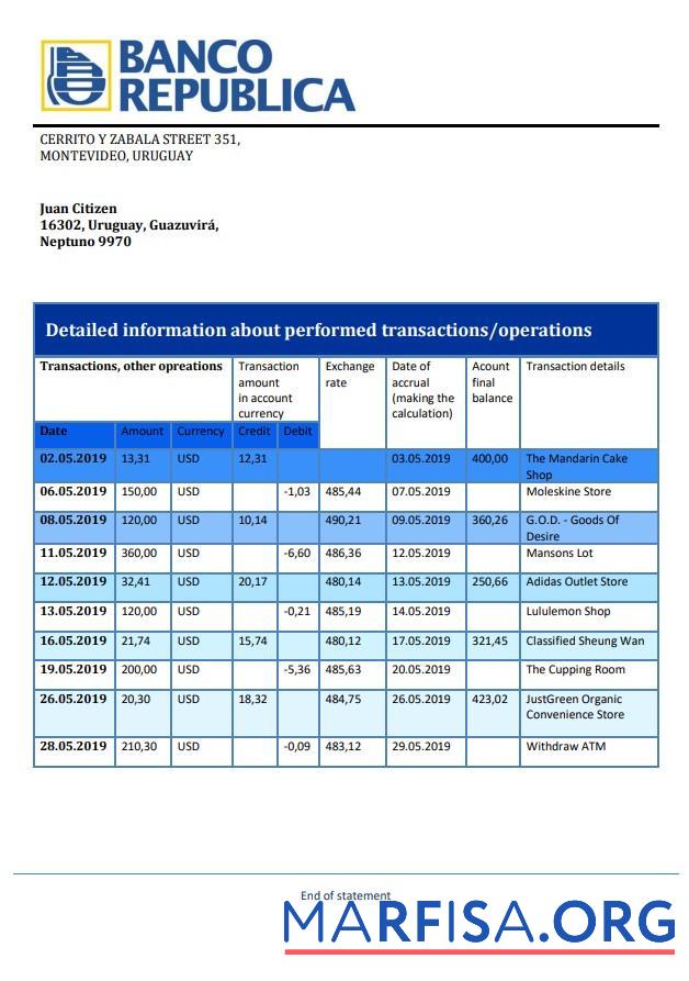 Printable Uruguay Banco de la República Oriental del Uruguay bank statement word example